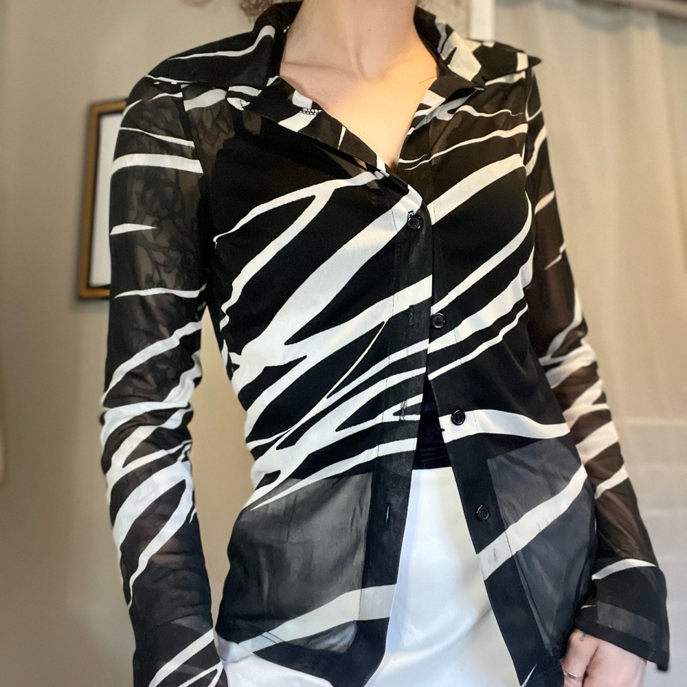 Y2K Chic Black and White Sheer Button-Up Blouse